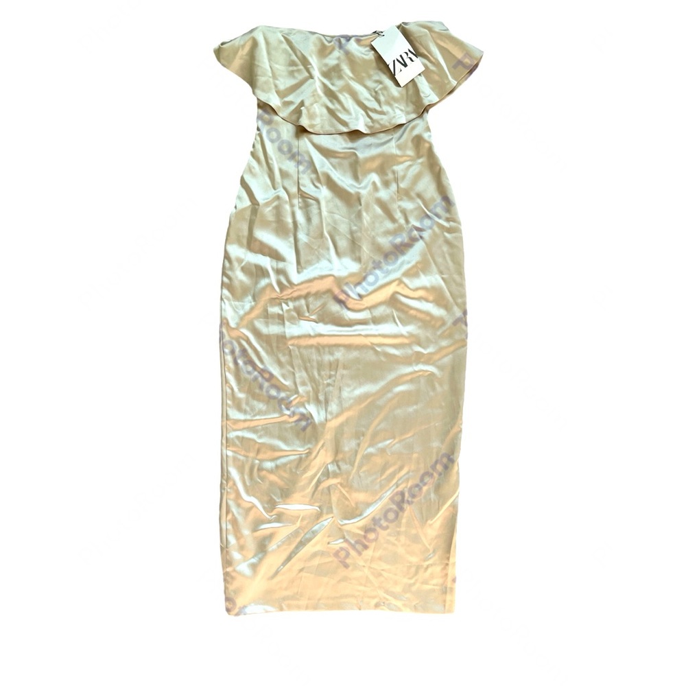 Zara Women’s Medium Cream Silky Strapless Ruffled Top MIDI Dress NWT